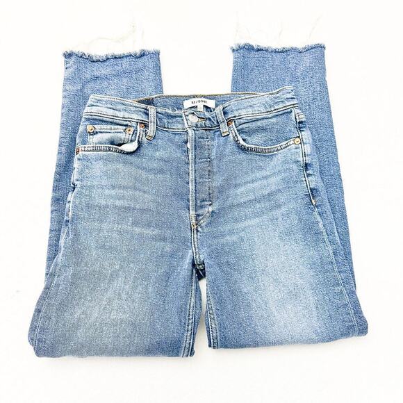 Re/Done 70's Stove Pipe Raw Hem Medium Wash Button Fly Denim Jeans Size 27 - Picture 4 of 9